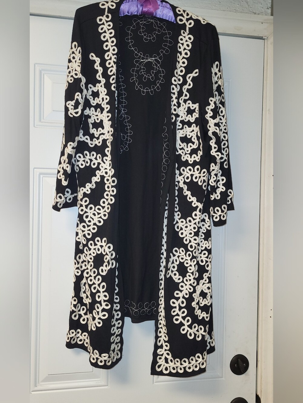 Black Cotton Lightweight Overcoat with White Embroidered Trim